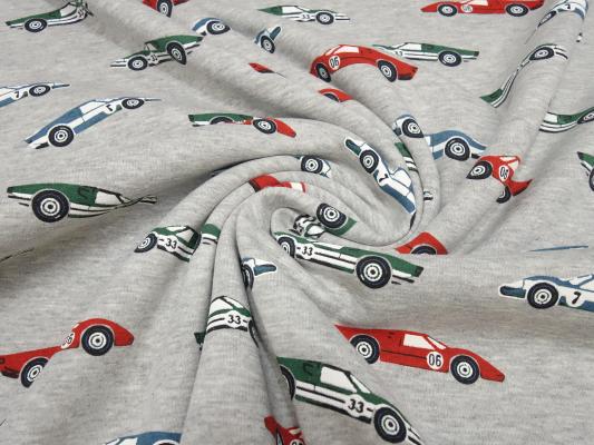 Stoff Sweatshirtstoff mit Alpenfleece Abseite mit Rennwagen Rennauto Design hellgrau melange rot grün blau bunt Kinderstoff Kleiderstoff Hoodiestoff