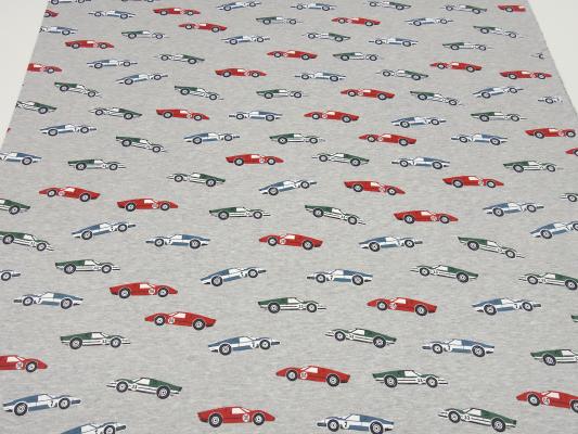 Stoff Sweatshirtstoff mit Alpenfleece Abseite mit Rennwagen Rennauto Design hellgrau melange rot grün blau bunt Kinderstoff Kleiderstoff Hoodiestoff