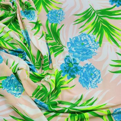 Fabric chiffon crepe blouse fabric dress fabric with flowers palm leaves design green neon green blue old pink cream
