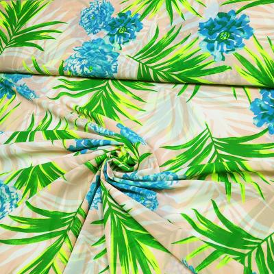 Fabric chiffon crepe blouse fabric dress fabric with flowers palm leaves design green neon green blue old pink cream
