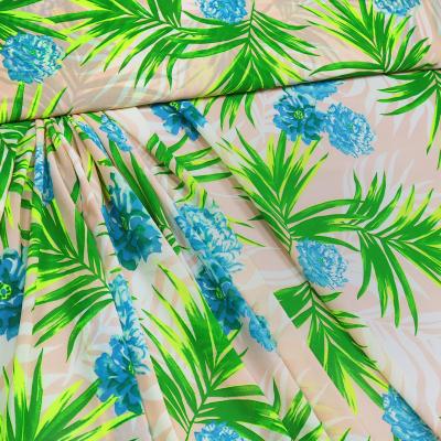 Fabric chiffon crepe blouse fabric dress fabric with flowers palm leaves design green neon green blue old pink cream