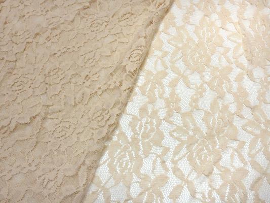 Stoff Stretch Spitze Spitzenstoff Blumen Rosen Ranken Design beige sand Kleiderstoff