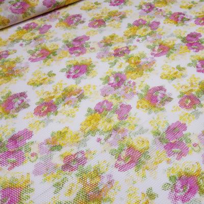 Stoff Stretch Netzstoff mit Blumenmuster Design weiß gelb pink grün Kleiderstoff