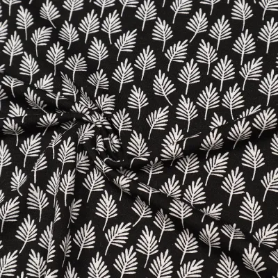 Fabric viscose jersey with leaves trees fir tree design black white dress fabric children's fabric