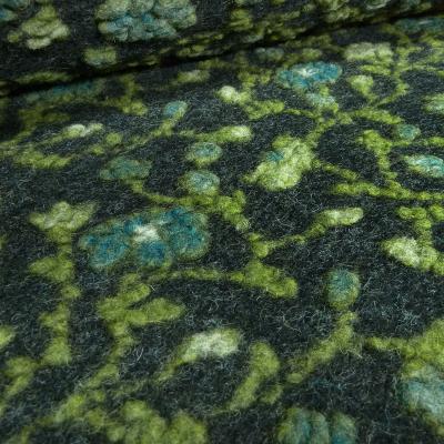 Fabric italian patterned walkloden boiled wool relief flowers tendrils anthracite green petrol coat fabric dress fabric