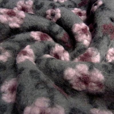 Fabric Ital. pattern walk boiled wool walkloden relief flowers tendrils gray pink bordeaux black dress fabric coat fabric