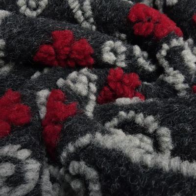 Fabric Ital. pattern walk boiled wool walkloden with relief flowers tendrils anthracite red light gray dress fabric coat fabric