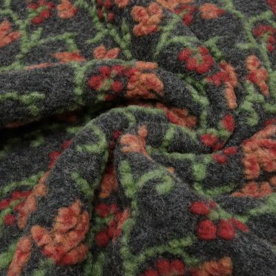 Stoff Ital. Musterwalk Kochwolle Walkloden Relief Blumen Ranken grau grün orange rot Mantelstoff Kleiderstoff