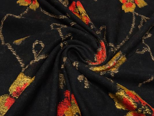 Stoff Ital. feiner leichter Baumwolle Jersey mit Intarsien Blumenmuster Ranken Design schwarz rot gelb-gold braun Kleiderstoff