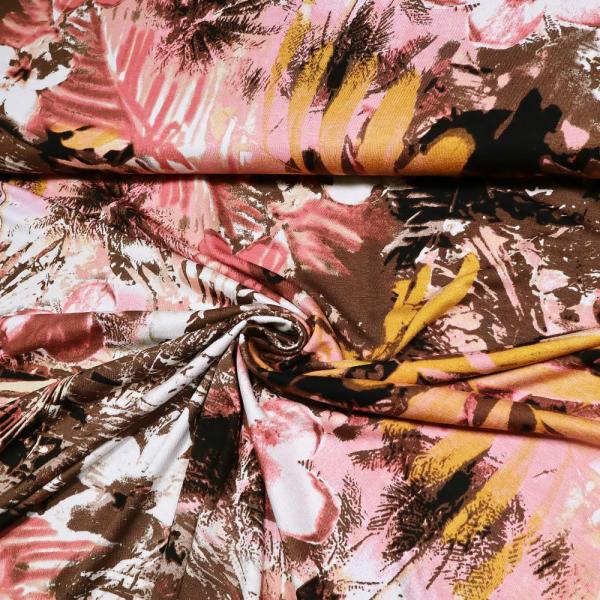 Fabric viscose jersey floral pattern leaves design brown dusky pink coral ochre white dress fabric children's fabric