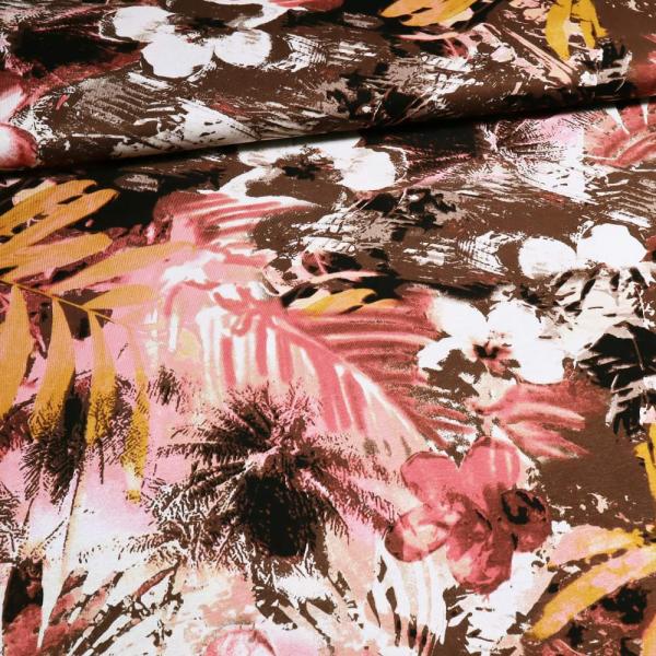Fabric viscose jersey floral pattern leaves design brown dusky pink coral ochre white dress fabric children's fabric