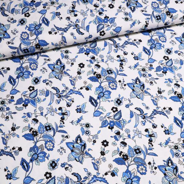 Stoff Viskose Jersey Blumenmuster Ranken Design weiß blau schwarz bunt Kleiderstoff Kinderstoff