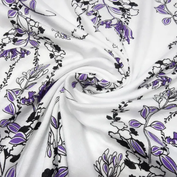 Fabric viscose jersey with flowers tendrils design white purple black dress fabric