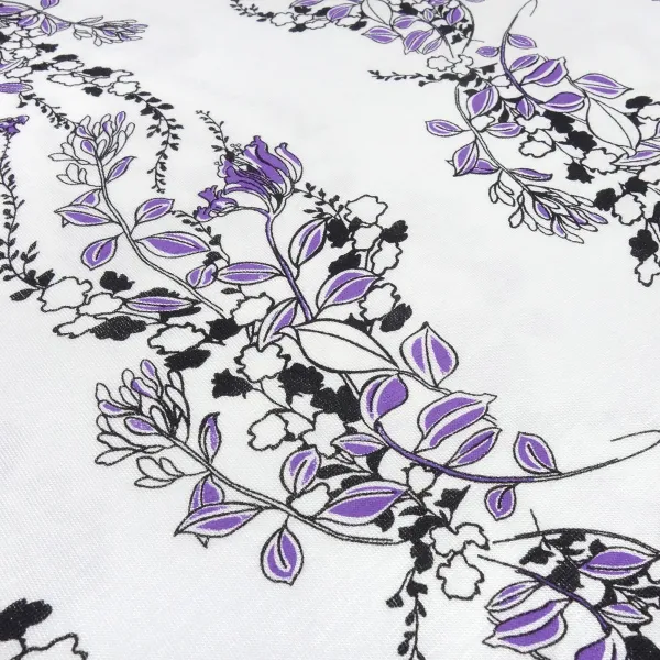 Fabric viscose jersey with flowers tendrils design white purple black dress fabric