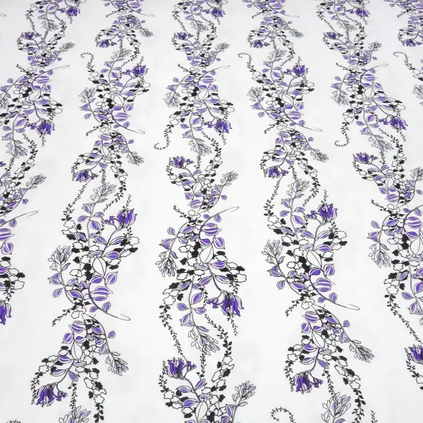 Fabric viscose jersey with flowers tendrils design white purple black dress fabric