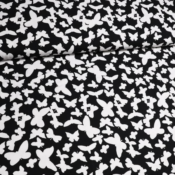 Stoff Viskose Jersey mit Schmetterlinge Design schwarz weiß Kleiderstoff Kinderstoff