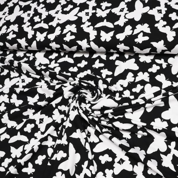 Stoff Viskose Jersey mit Schmetterlinge Design schwarz weiß Kleiderstoff Kinderstoff