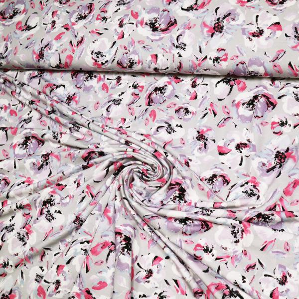 Stoff Viskose Jersey mit Aquarell Blumenmuster Design grau flieder fuchsia schwarz weiß bunt Kleiderstoff