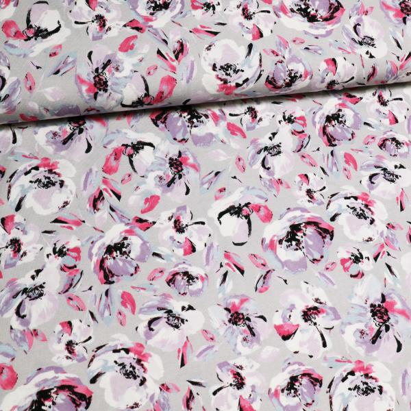Stoff Viskose Jersey mit Aquarell Blumenmuster Design grau flieder fuchsia schwarz weiß bunt Kleiderstoff