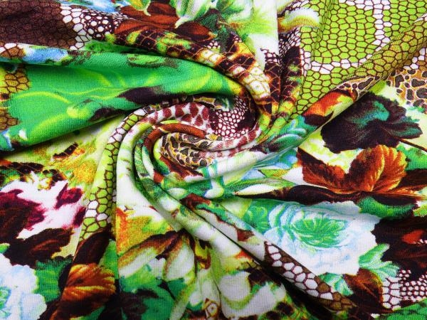 Fabric viscose jersey with flowers abstract design green yellow brown blue colorful dress fabric