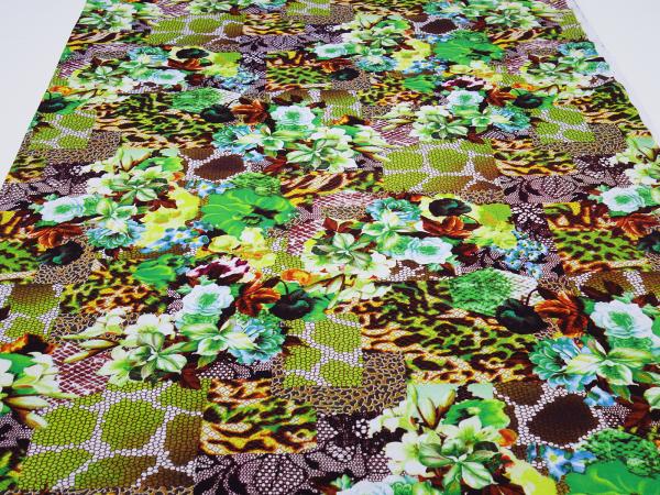 Fabric viscose jersey with flowers abstract design green yellow brown blue colorful dress fabric
