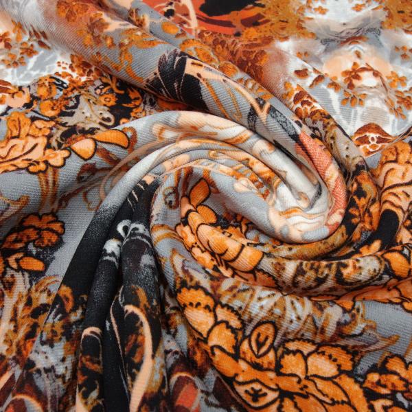 Stoff Powerstretch Jersey Ornamente Blumenmuster Abstrakt Design orange grau schwarz bunt Kleiderstoff