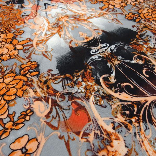 Stoff Powerstretch Jersey Ornamente Blumenmuster Abstrakt Design orange grau schwarz bunt Kleiderstoff