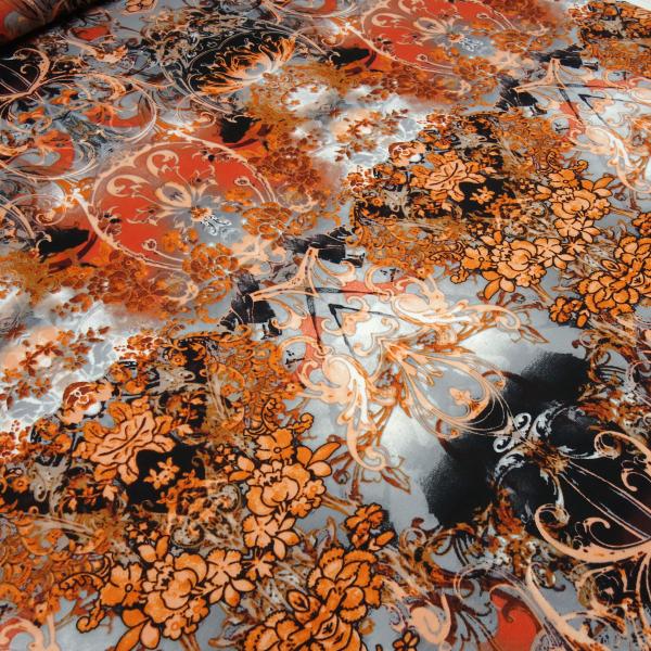 Stoff Powerstretch Jersey Ornamente Blumenmuster Abstrakt Design orange grau schwarz bunt Kleiderstoff