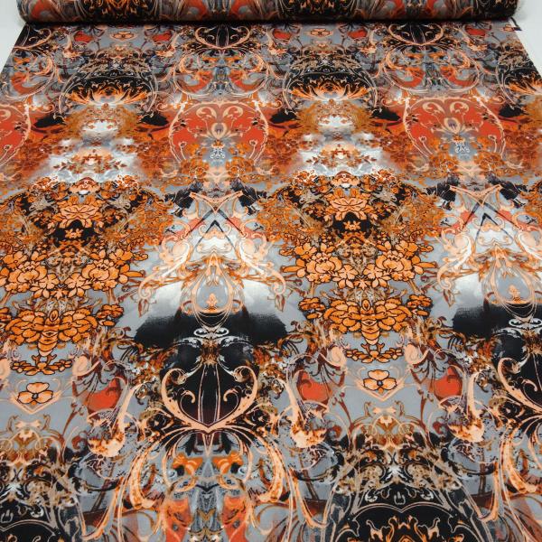 Stoff Powerstretch Jersey Ornamente Blumenmuster Abstrakt Design orange grau schwarz bunt Kleiderstoff