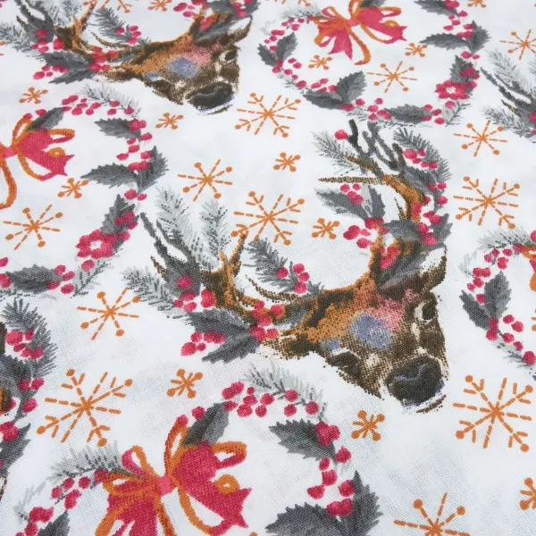 Stoff Baumwolle Popeline mit Hirsche Herzen Trachten Design weiß braun grau rot orange Kleiderstoff Blusenstoff Dekostoff