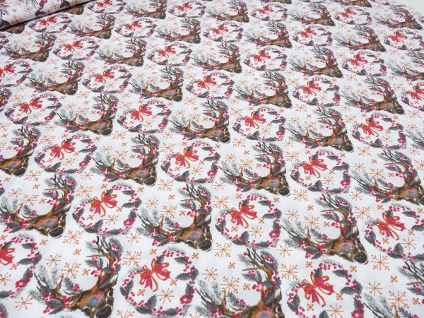 Stoff Baumwolle Popeline mit Hirsche Herzen Trachten Design weiß braun grau rot orange Kleiderstoff Blusenstoff Dekostoff