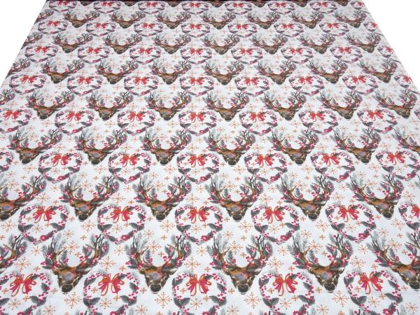 Stoff Baumwolle Popeline mit Hirsche Herzen Trachten Design weiß braun grau rot orange Kleiderstoff Blusenstoff Dekostoff