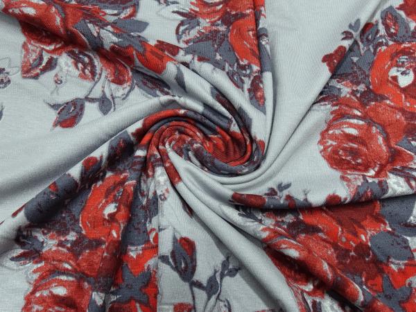 Stoff Viskose Jersey mit Blumen Rosen Design hellgrau grau rot Kleiderstoff