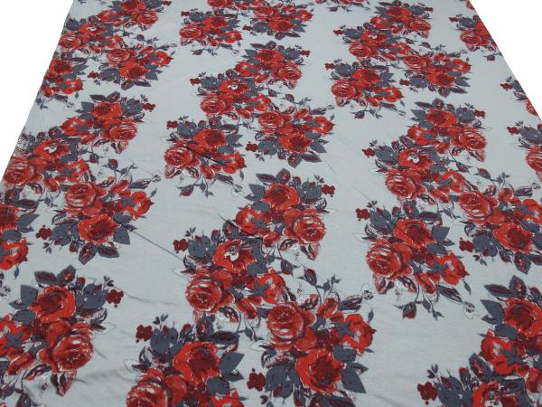 Stoff Viskose Jersey mit Blumen Rosen Design hellgrau grau rot Kleiderstoff