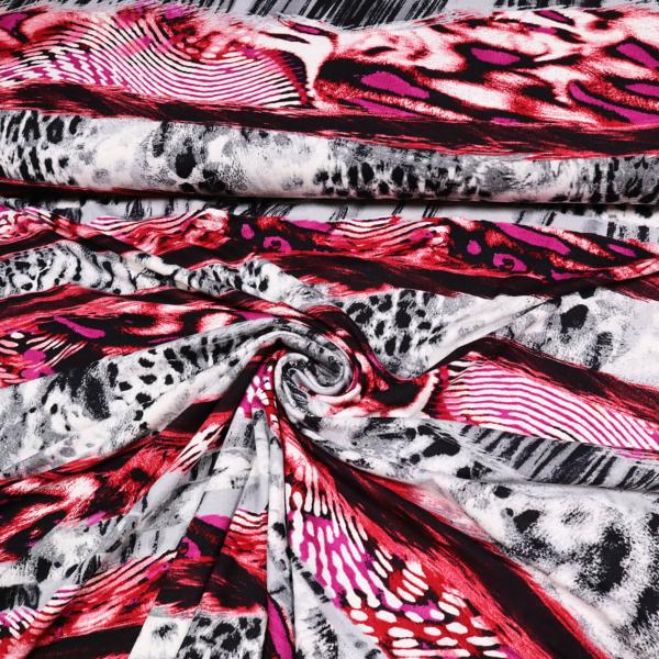 Fabric viscose jersey abstract leopard pattern design red fuchsia gray black white dress fabric