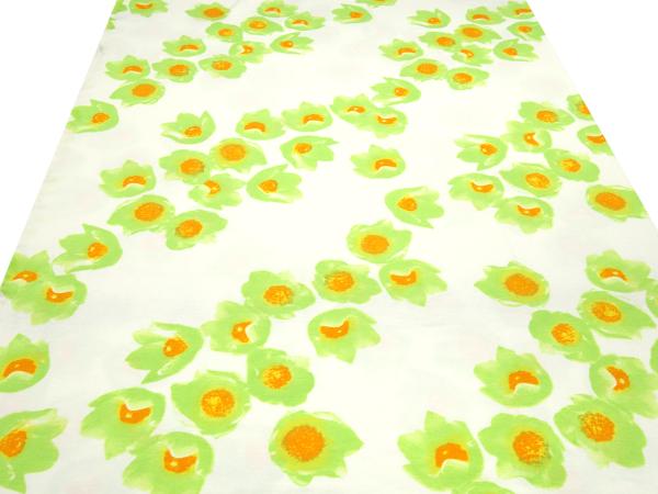 Fabric viscose jersey with flowers blossoms design offwhite green orange dress fabric