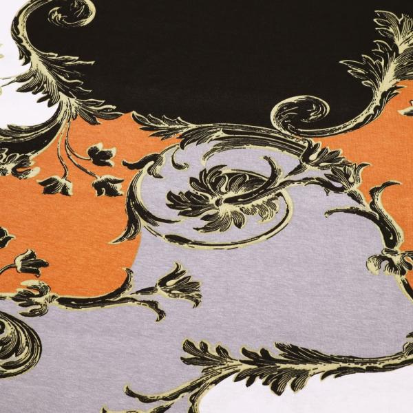 Fabric viscose jersey with abstract ornaments design black gray white orange beige dress fabric