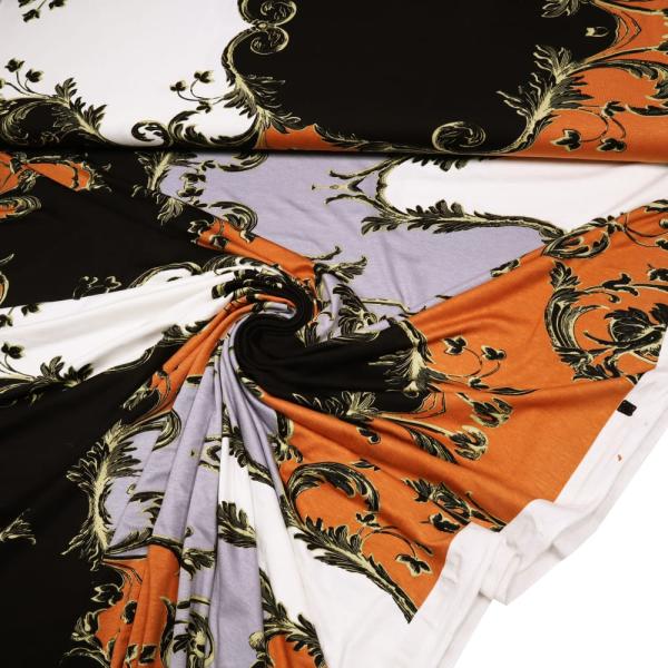 Fabric viscose jersey with abstract ornaments design black gray white orange beige dress fabric