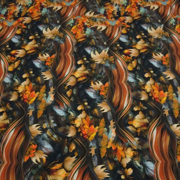Stoff Baumwolle Jersey abstrakt Herbstlaub Blätter Blumen Design orange rost schwarz beige bunt Kleiderstoff
