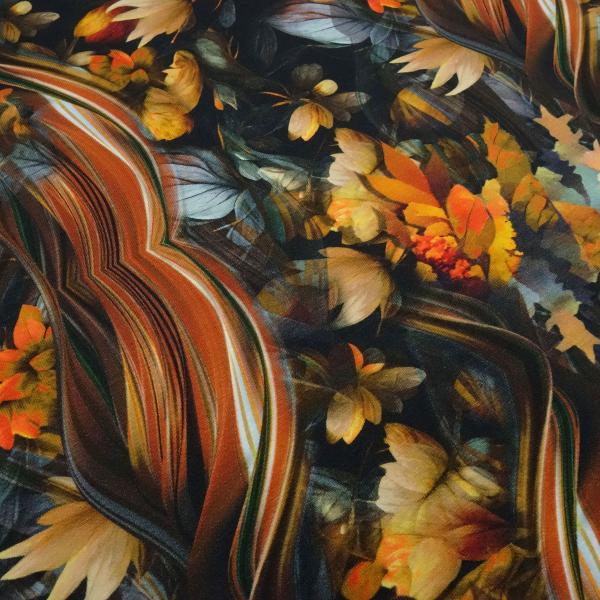 Stoff Baumwolle Jersey abstrakt Herbstlaub Blätter Blumen Design orange rost schwarz beige bunt Kleiderstoff