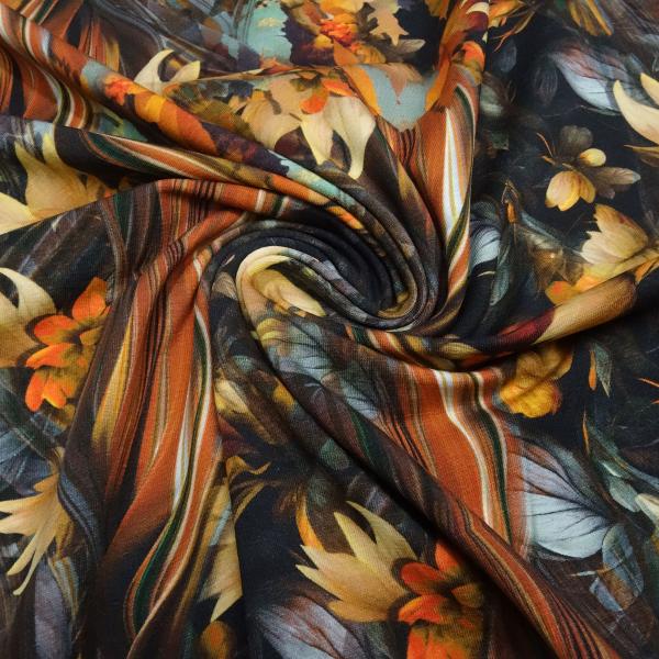 Stoff Baumwolle Jersey abstrakt Herbstlaub Blätter Blumen Design orange rost schwarz beige bunt Kleiderstoff
