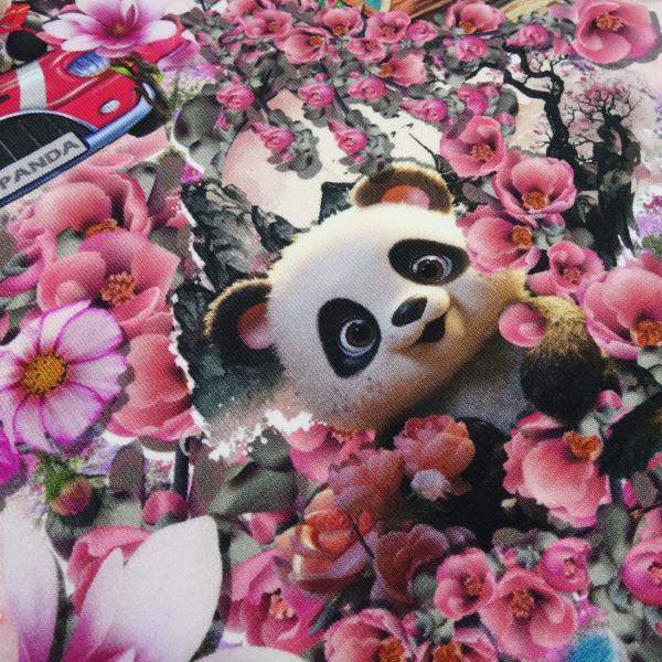 Fabric cotton jersey panda bear flowers car design pink pink red turquoise white black colorful children's fabric dress fabric