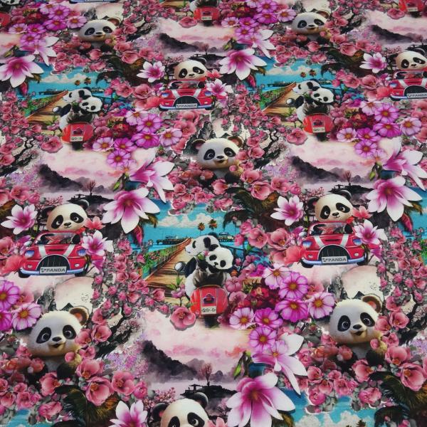 Fabric cotton jersey panda bear flowers car design pink pink red turquoise white black colorful children's fabric dress fabric