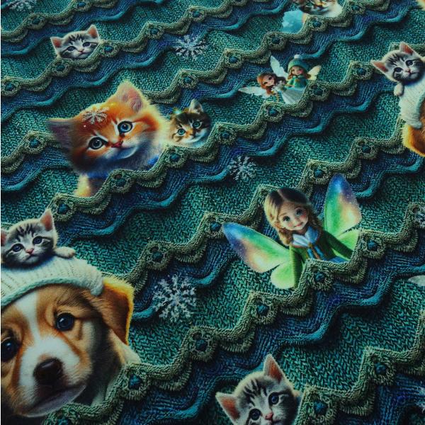 Stoff Baumwolle French Terry Sommersweatshirtstoff Hunde Katzen Feen Design grün blau braun bunt Kinderstoff Kleiderstoff