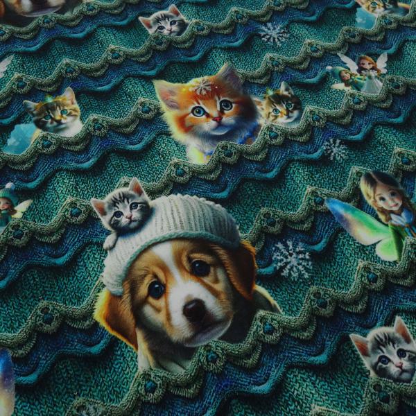 Stoff Baumwolle French Terry Sommersweatshirtstoff Hunde Katzen Feen Design grün blau braun bunt Kinderstoff Kleiderstoff