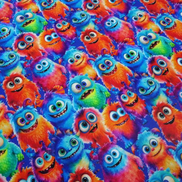Stoff Baumwolle French Terry Sommersweatshirtstoff Monster Design blau orange rot grün lila bunt Kinderstoff Kleiderstoff