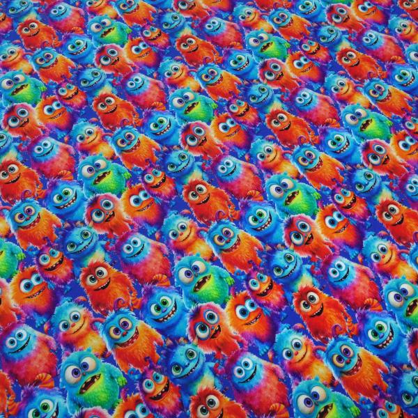 Stoff Baumwolle French Terry Sommersweatshirtstoff Monster Design blau orange rot grün lila bunt Kinderstoff Kleiderstoff