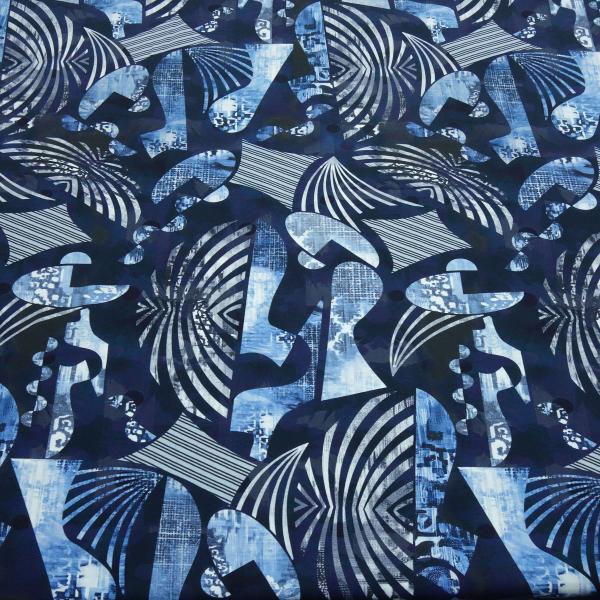 Stoff Baumwolle Jersey mit abstrakten Patchwork Dynamic Design jeans blau grau weiß Kleiderstoff Kinderstoff