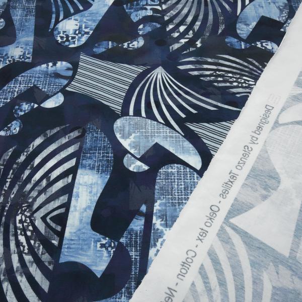 Stoff Baumwolle Jersey mit abstrakten Patchwork Dynamic Design jeans blau grau weiß Kleiderstoff Kinderstoff