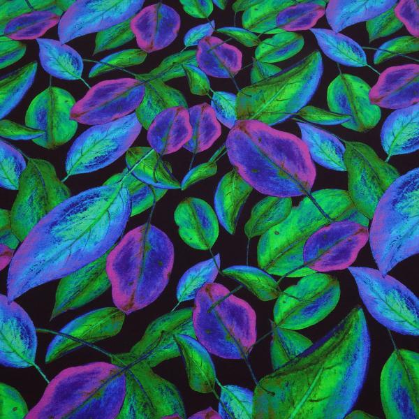 Viscose jersey fabric with “Veil of leaves” design in black green blue purple and fuchsia dress fabric children's fabric